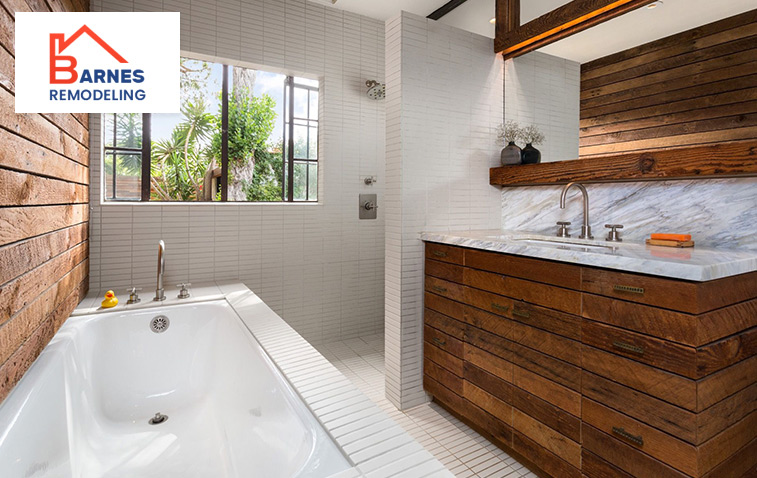 Contemporary bathroom design with bathtub and wooden vanities