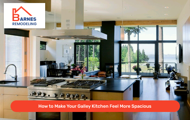 Modern galley kitchen featuring a kitchen island and organized storage