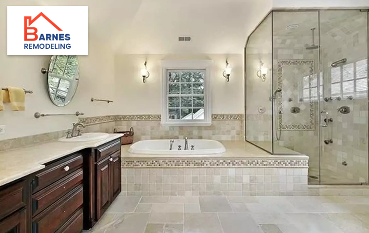 Contemporary bathroom featuring marble tiles and contemporary fixtures