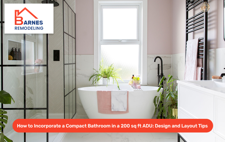 Compact bathroom design with free-standing tub and shower enclosure in a 200 sq ft ADU.